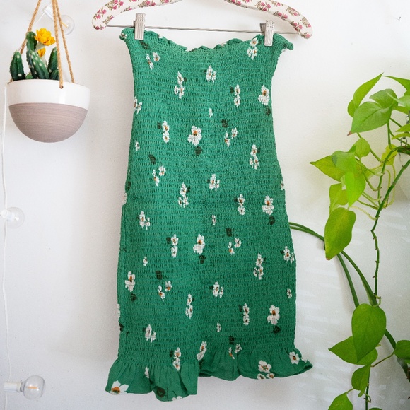 Reformation Chantilly Smocked Mini Dress Strapless Green Floral